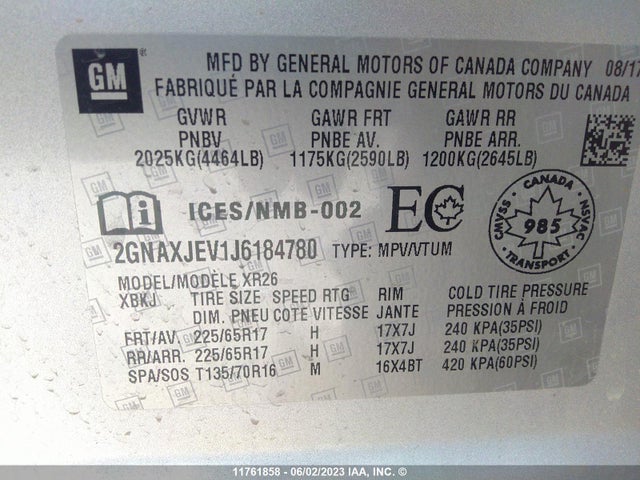 Chevrolet EQUINOX LT 2018 2GNAXJEV1J6184780 Image 9