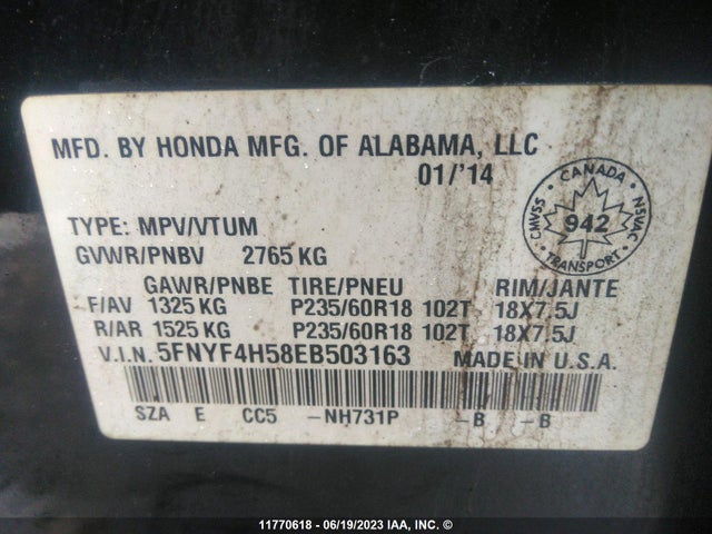 Honda PILOT EXL 2014 5FNYF4H58EB503163 Image 10