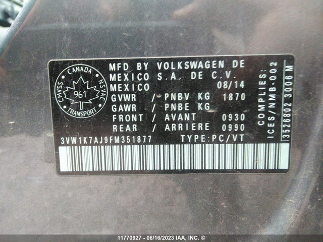 3VW1K7AJ9FM351877 Volkswagen JETTA S