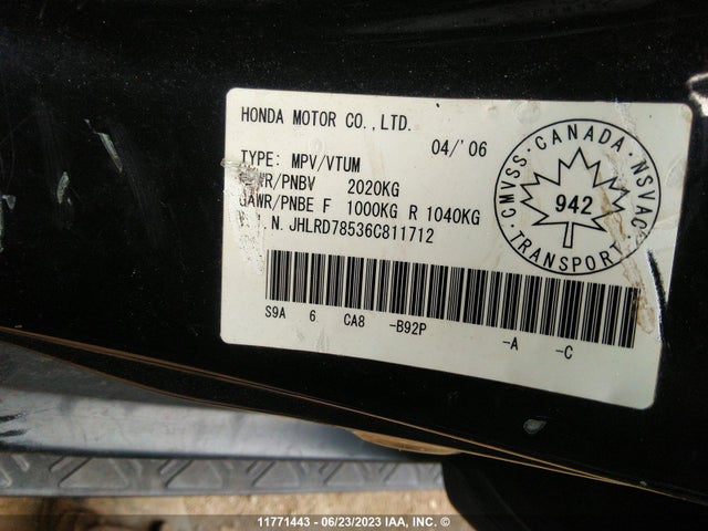 Aukcja sprzedaży 2006 Honda Cr-v Lx, vin: JHLRD78536C811712, numer aukcji: 11771443
