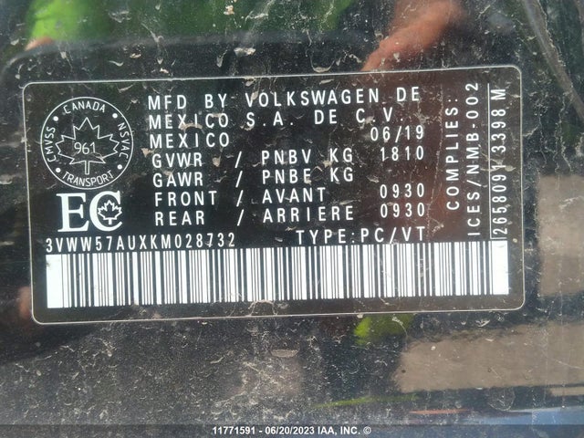 3VWW57AUXKM028732 Volkswagen GOLF S/SE