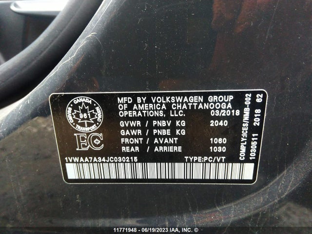 1VWAA7A34JC030215 Volkswagen Passat S/r-line