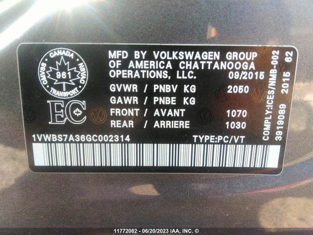 1VWBS7A36GC002314 Volkswagen PASSAT SE