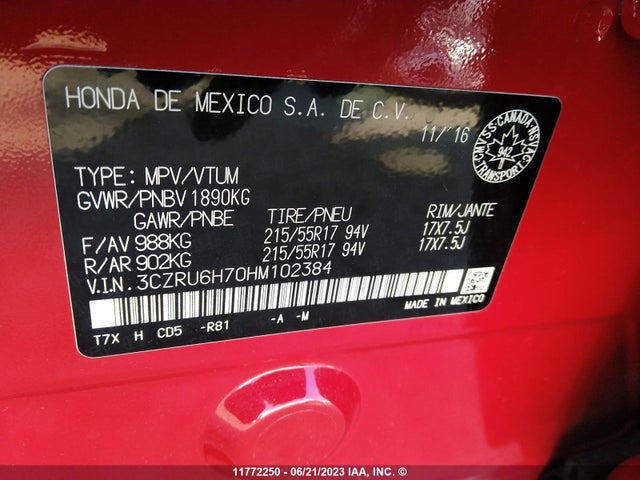 Honda Hr-v Exl 2017 3CZRU6H70HM102384 Image 10