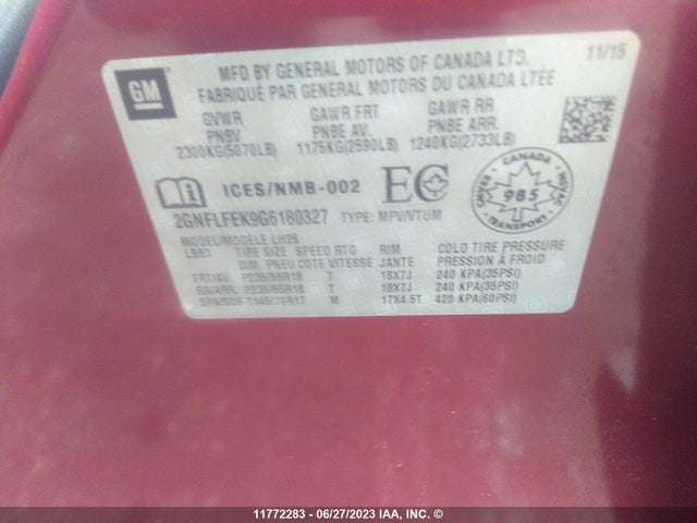 Chevrolet EQUINOX LT 2016 2GNFLFEK9G6180327 Image 9