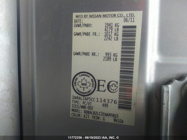 11772356 :رقم المزاد ، 1N4AL2AP5CC114376 vin ، 2012 Nissan Altima S مزاد بيع