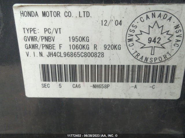 2005 Acura Tsx მანქანა იყიდება აუქციონზე, vin: JH4CL96865C800828, აუქციონის ნომერი: 11772402