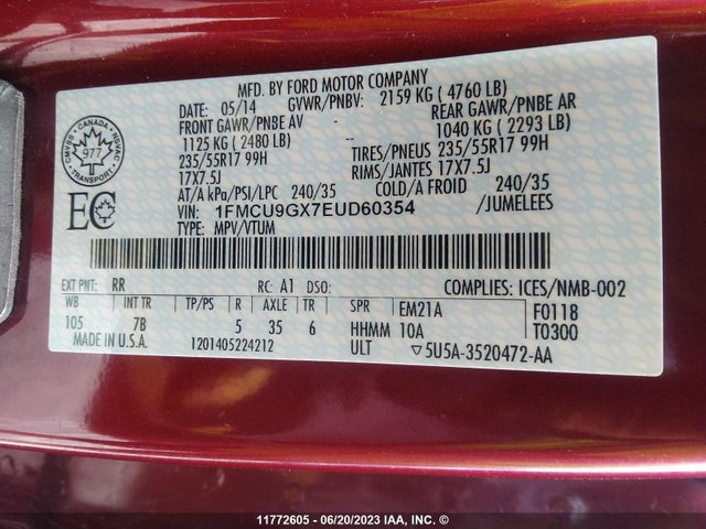 1FMCU9GX7EUD60354 Ford ESCAPE SE