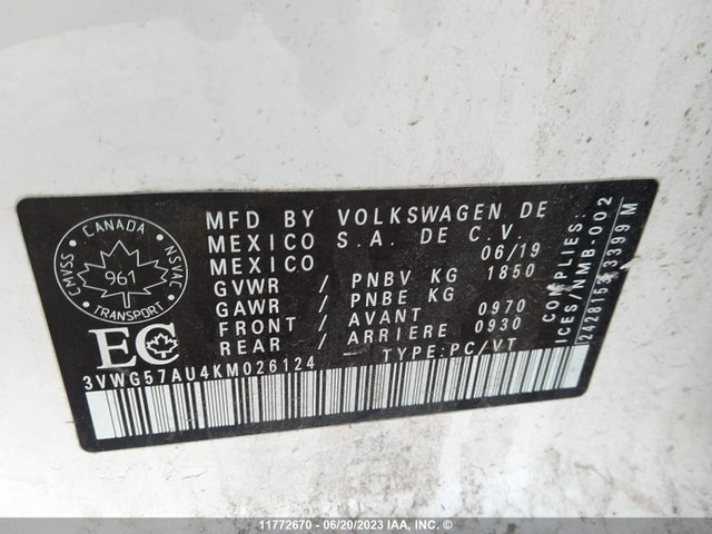 3VWG57AU4KM026124 Volkswagen GOLF S/SE