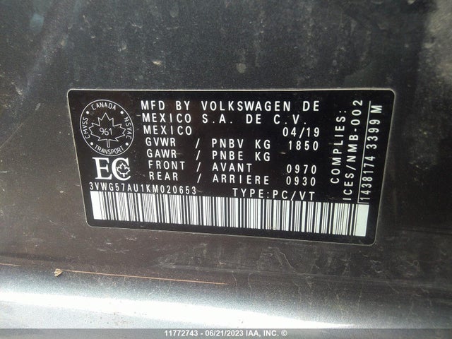 3VWG57AU1KM020653 Volkswagen GOLF S/SE