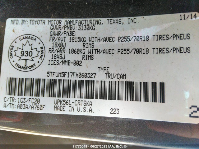 Toyota Tundra Double Cab Sr/sr5 2015 5TFUM5F17FX060327 Image 9