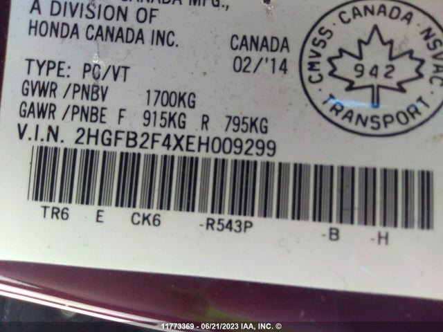 Honda Civic Lx 2014 2HGFB2F4XEH009299 Image 10