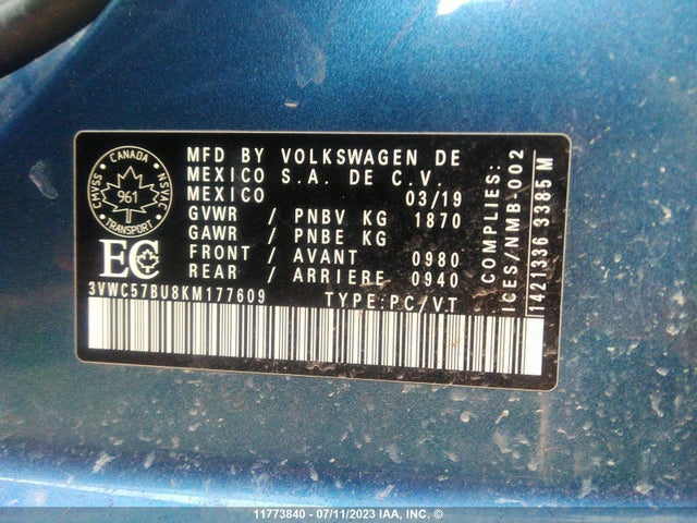3VWC57BU8KM177609 Volkswagen Jetta S/se/r-line