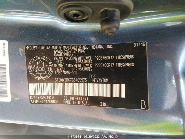 2016 Toyota Sienna Le მანქანა იყიდება აუქციონზე, vin: 5TDKK3DC7GS705975, აუქციონის ნომერი: 11773964