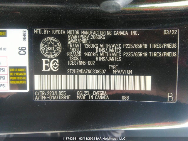 2T2HZMDA7NC338507 Lexus RX 350