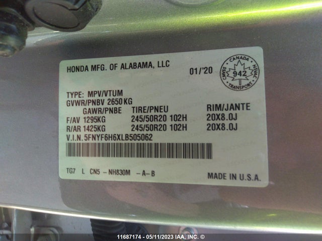 Honda Pilot Touring 2020 5FNYF6H6XLB505062 Image 9
