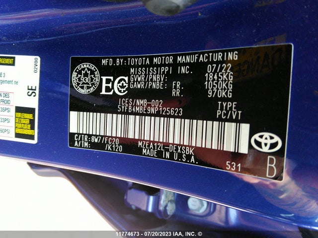 Toyota COROLLA SE 2022 5YFB4MBE9NP125623 Image 9