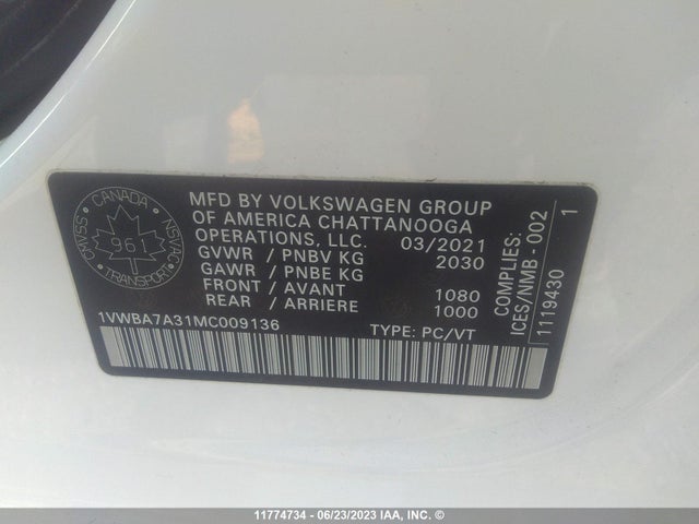 1VWBA7A31MC009136 Volkswagen Passat Highline