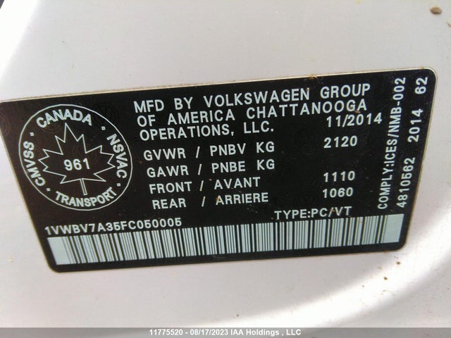 1VWBV7A35FC050005 Volkswagen PASSAT SE