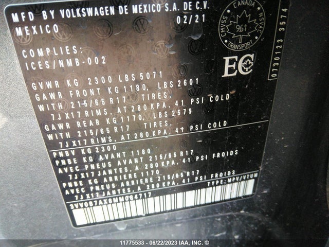 3VV0B7AX8MM084717 Volkswagen TIGUAN S