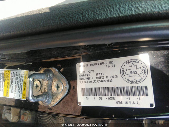11776262 :رقم المزاد ، 1HGCP2F35AA802644 vin ، 2010 Honda Accord Lx مزاد بيع