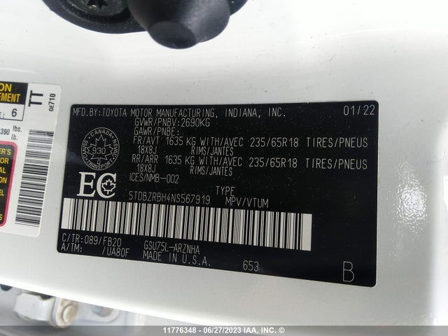 Toyota Highlander L/le 2022 5TDBZRBH4NS567919 Image 10