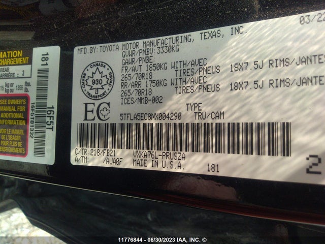 Toyota TUNDRA 2022 5TFLA5EC8NX004290 Image 11