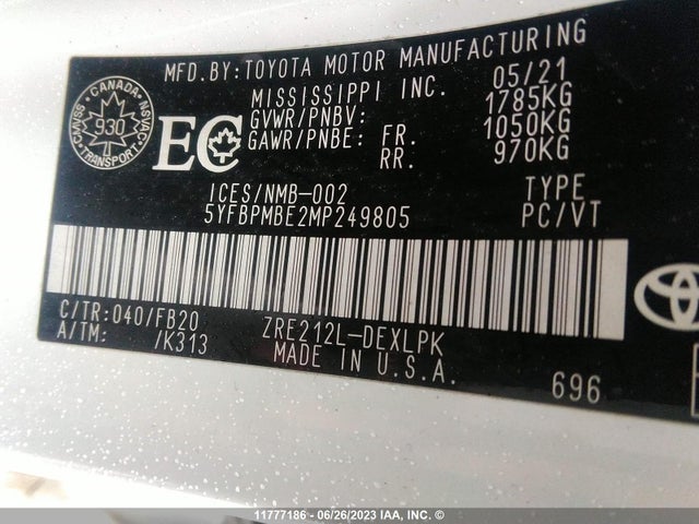 11777186 :رقم المزاد ، 5YFBPMBE2MP249805 vin ، 2021 Toyota Corolla Le مزاد بيع