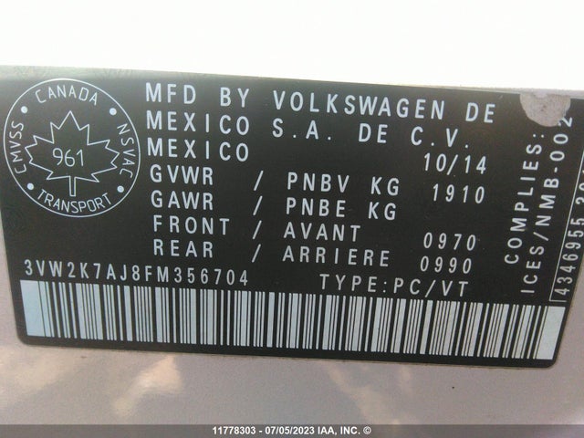 3VW2K7AJ8FM356704 Volkswagen JETTA S
