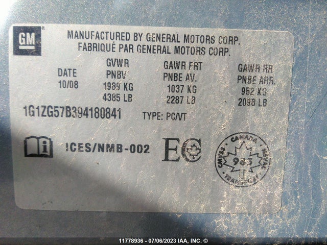 Aukcja sprzedaży 2009 Chevrolet Malibu, vin: 1G1ZG57B394180841, numer aukcji: 11778936