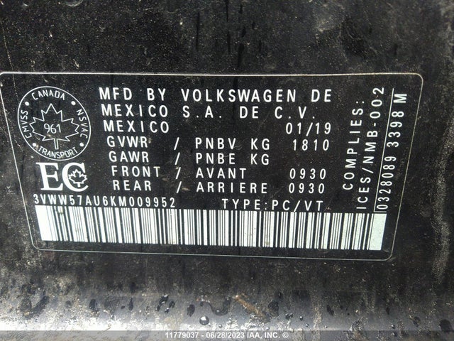 3VWW57AU6KM009952 Volkswagen GOLF S/SE