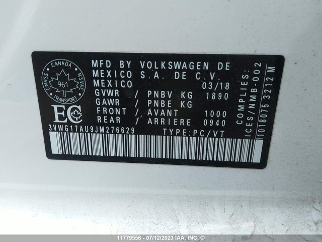 3VWG17AU9JM276629 Volkswagen GOLF S/SE