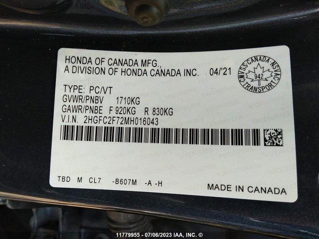 2021 Honda Civic Ex მანქანა იყიდება აუქციონზე, vin: 2HGFC2F72MH016043, აუქციონის ნომერი: 11779955