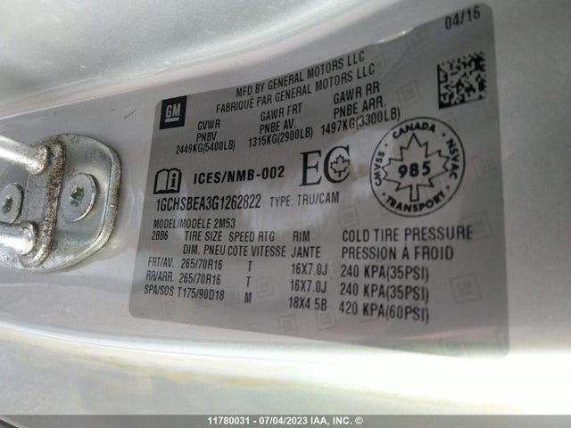 Chevrolet Colorado 2016 1GCHSBEA3G1262822 Image 11