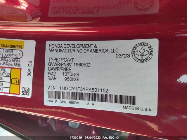 Honda ACCORD EX 2023 1HGCY1F31PA801152 Image 12