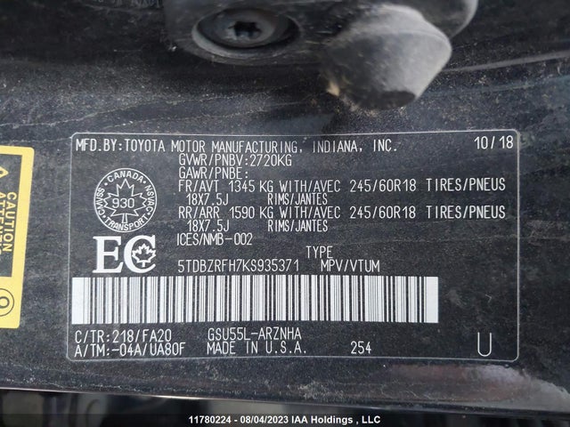 Toyota Highlander Le/le Plus 2019 5TDBZRFH7KS935371 Image 10