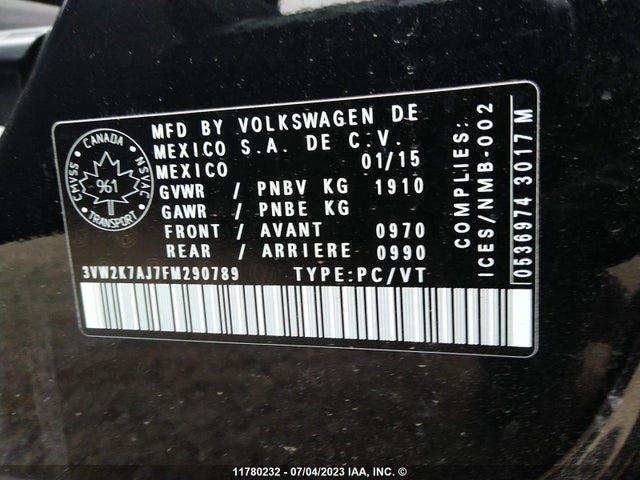 3VW2K7AJ7FM290789 Volkswagen JETTA S