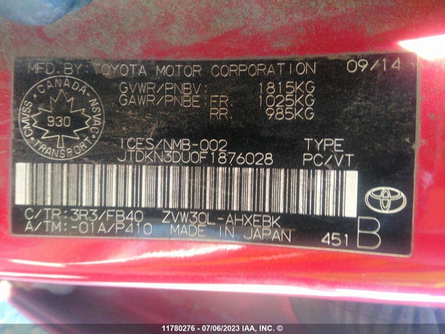 Toyota PRIUS 2015 JTDKN3DU0F1876028 Image 9