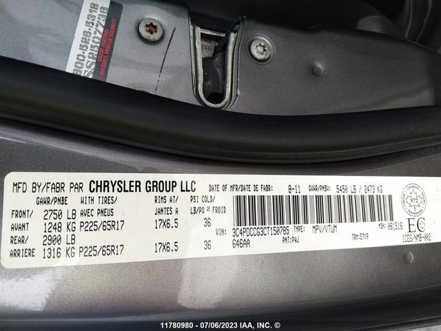 11780980 :رقم المزاد ، 3C4PDCCG3CT150785 vin ، 2012 Dodge Journey Sxt مزاد بيع
