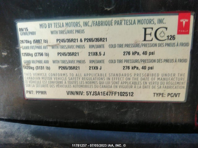 Tesla MODEL S 2015 5YJSA1E47FF102512 Image 10