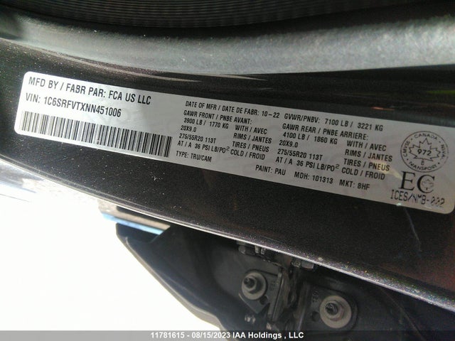 1C6SRFVTXNN451006 RAM 1500 Sport