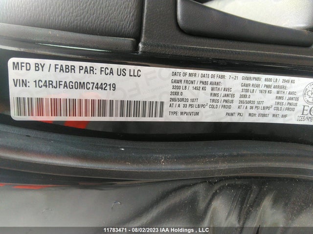 1C4RJFAG0MC744219 Jeep Grand Cherokee