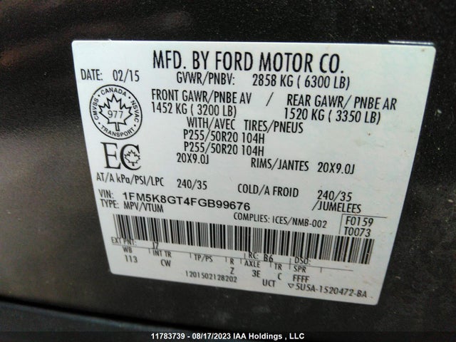 Ford EXPLORER SPORT 2015 1FM5K8GT4FGB99676 Image 9