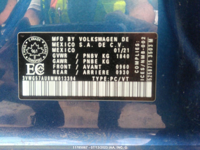3VWG57AU8MM013394 Volkswagen GOLF