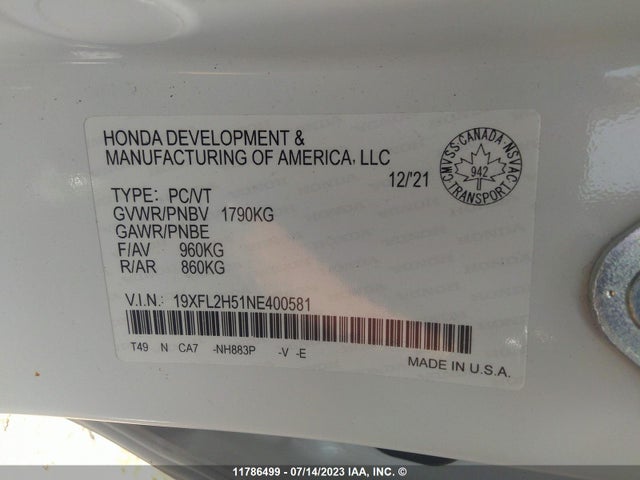 Honda Civic Lx 2022 19XFL2H51NE400581 Image 10