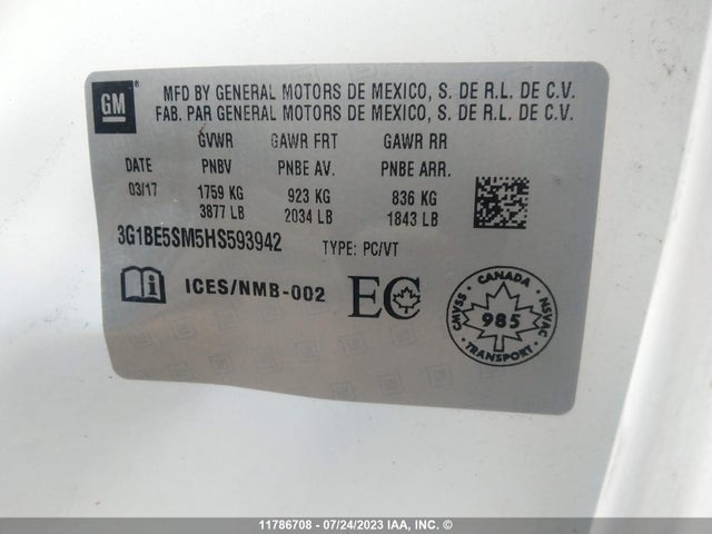 Chevrolet CRUZE LT 2017 3G1BE5SM5HS593942 Image 9