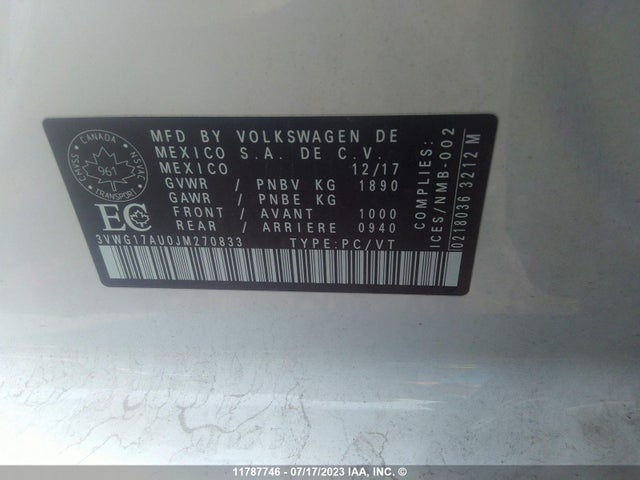 3VWG17AU0JM270833 Volkswagen GOLF S/SE
