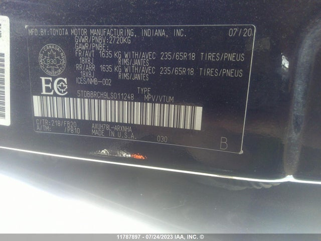 Toyota Highlander Hybrid Le 2020 5TDBBRCH9LS011248 Image 9