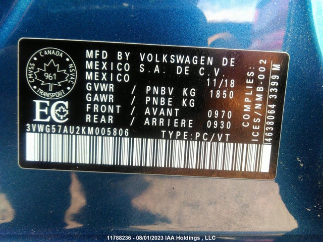 3VWG57AU2KM005806 Volkswagen GOLF S/SE