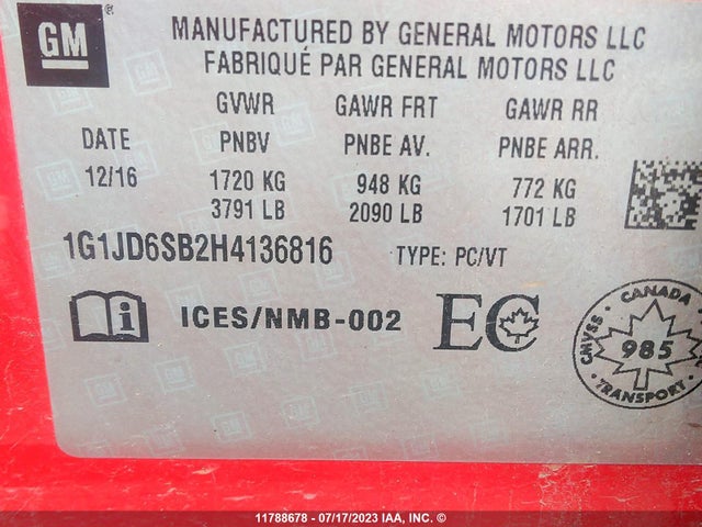 Chevrolet SONIC LT 2017 1G1JD6SB2H4136816 Image 9